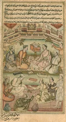 Hindu- und muslimische Gelehrte übersetzen das Mahabharata aus dem Sanskrit ins Persische, aus "The Raznama", 1598-99